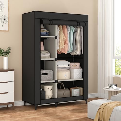 Calmootey Portable Closet Organizers, Clothing Storage, Wardrobe with 6 Shelves and Hanging Rod, Non-Woven Fabric Cover with 4 Side Pockets, Black - Image 1
