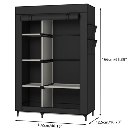 Calmootey Portable Closet Organizers, Clothing Storage, Wardrobe with 6 Shelves and Hanging Rod, Non-Woven Fabric Cover with 4 Side Pockets, Black - Image 3