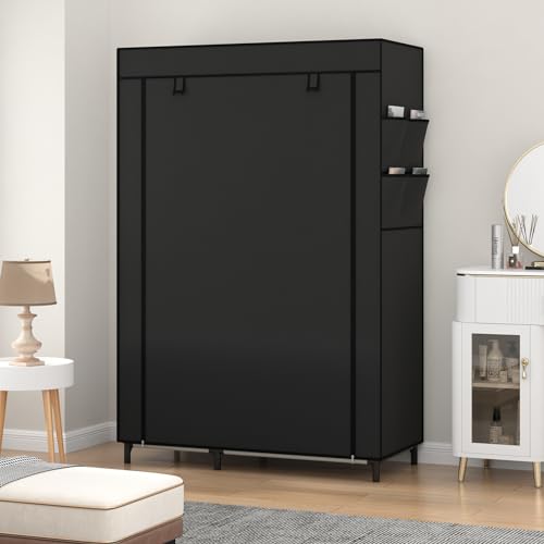 Calmootey Portable Closet Organizers, Clothing Storage, Wardrobe with 6 Shelves and Hanging Rod, Non-Woven Fabric Cover with 4 Side Pockets, Black - Image 5