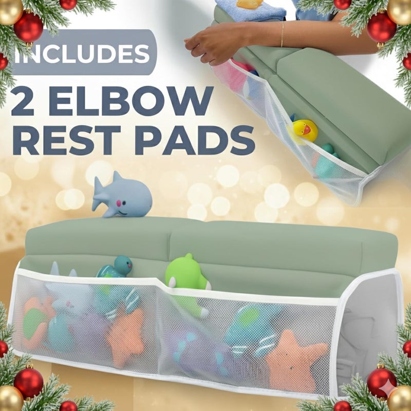 Toodly Comfortable Baby Bath Kneeler and Elbow Rest Pad Set – Thick Memory Foam Bath Kneeling Pad with Elbow Support – Baby Bathtub Cushion with Toy Organizer for Bathing Infant or Toddler - Green - Image 3