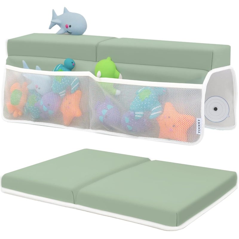 Toodly Comfortable Baby Bath Kneeler and Elbow Rest Pad Set – Thick Memory Foam Bath Kneeling Pad with Elbow Support – Baby Bathtub Cushion with Toy Organizer for Bathing Infant or Toddler - Green - Image 1