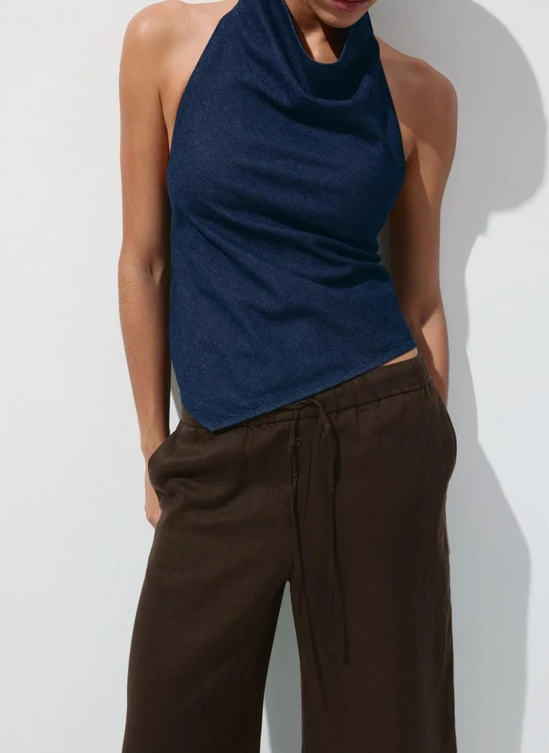 Mango 32-CHOCOLATE Wide-Leg Linen Pants for Women | Best Price UAE