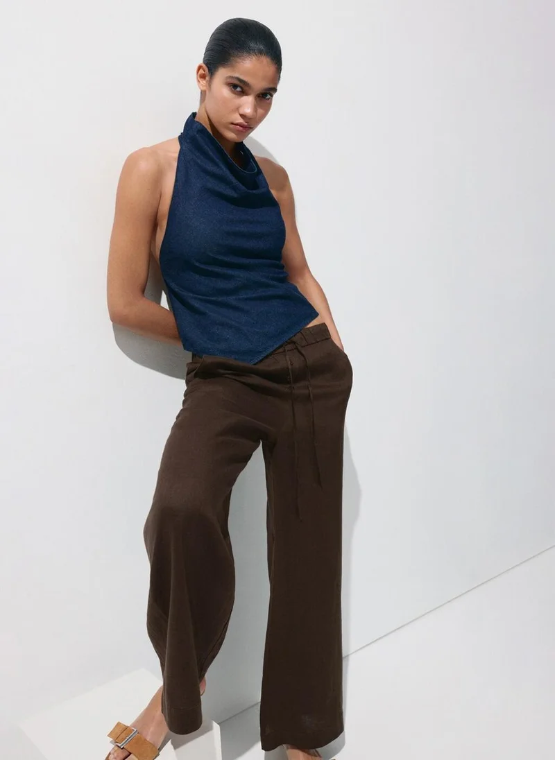 Mango 32-CHOCOLATE Wide-Leg Linen Pants for Women | Best Price UAE