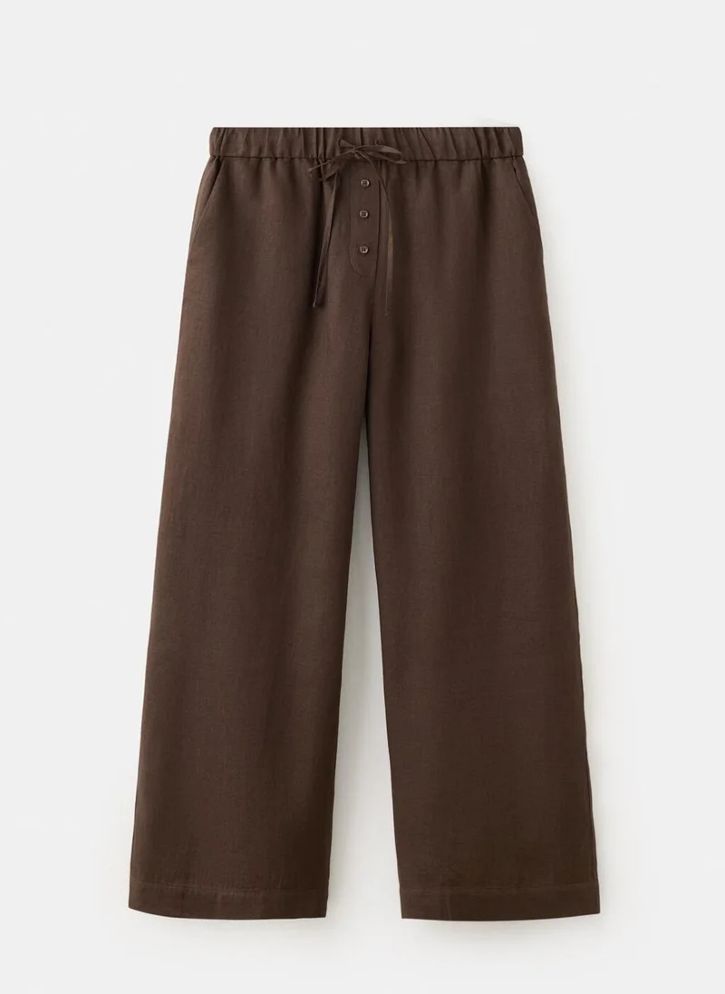 Mango 32-CHOCOLATE Wide-Leg Linen Pants for Women | Best Price UAE