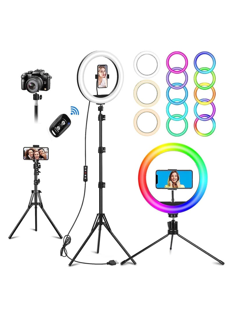 10-Inch Selfie Ring Light with Tripod Stand & Phone Holder – 37 RGB Modes, Dimmable LED Light with Remote for iPhone/Android, Photo & Video Lighting  - Image 1