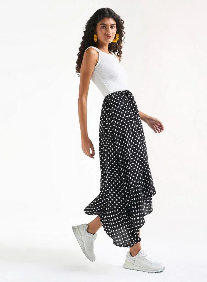 Splash FAV Polka Dot Print Sleeveless Dress with Round Neck and Asymmetrical Hem
