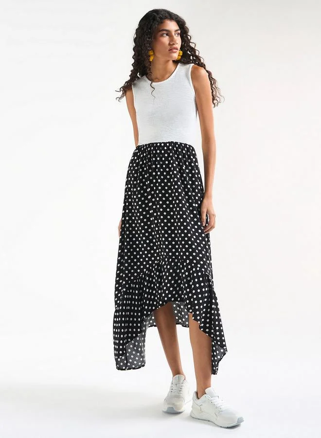 Splash FAV Polka Dot Print Sleeveless Dress with Round Neck and Asymmetrical Hem