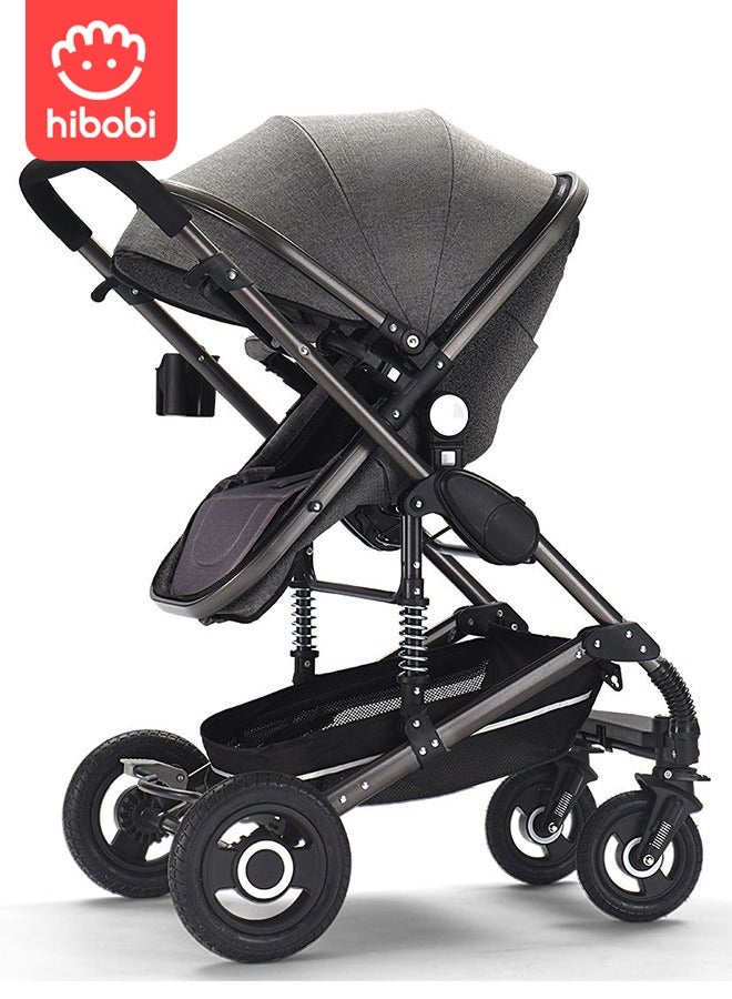 hibobi عربة أطفال 2 في 1 عالية المنظر - قابلة للطي بدفع ثنائي الاتجاه - رمادي - Image 1