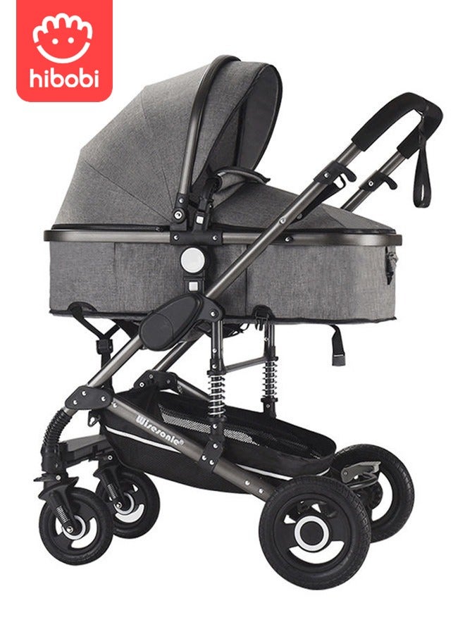 hibobi عربة أطفال 2 في 1 عالية المنظر - قابلة للطي بدفع ثنائي الاتجاه - رمادي - Image 2