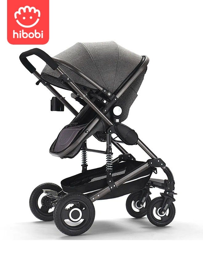 hibobi عربة أطفال 2 في 1 عالية المنظر - قابلة للطي بدفع ثنائي الاتجاه - رمادي - Image 4