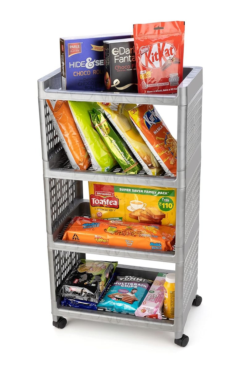 Morbrix 4 Layer Multipurpose Kitchen Trolley with Wheels Space Saving Home Storage Organizer Rack Vegetable Trolley Rack Stand for Home Offic Silver