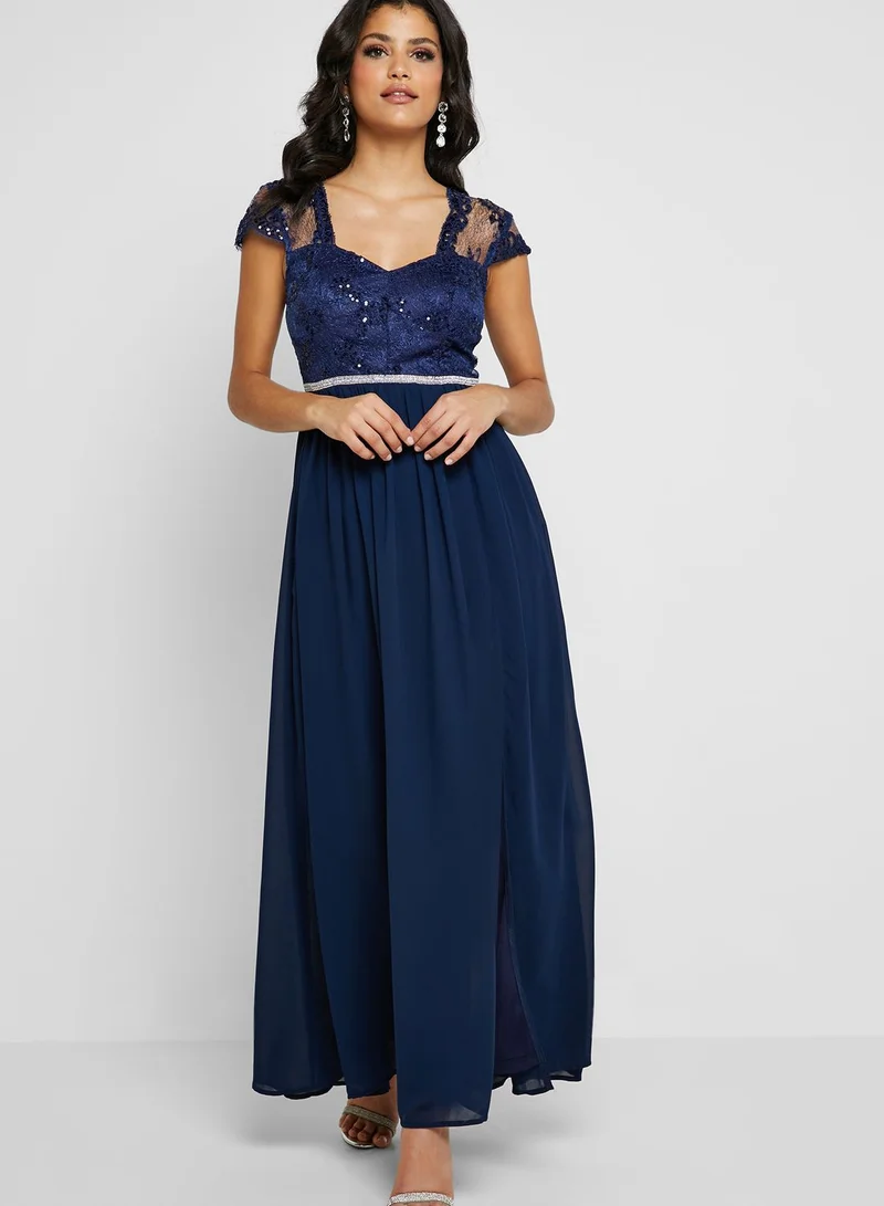Soieblu Lace Mesh Sleeve Front Slit Dress