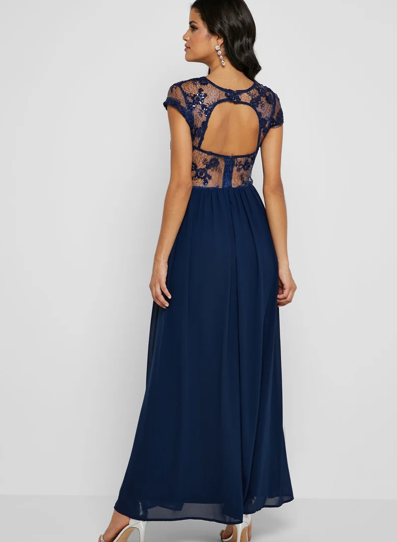 Soieblu Lace Mesh Sleeve Front Slit Dress