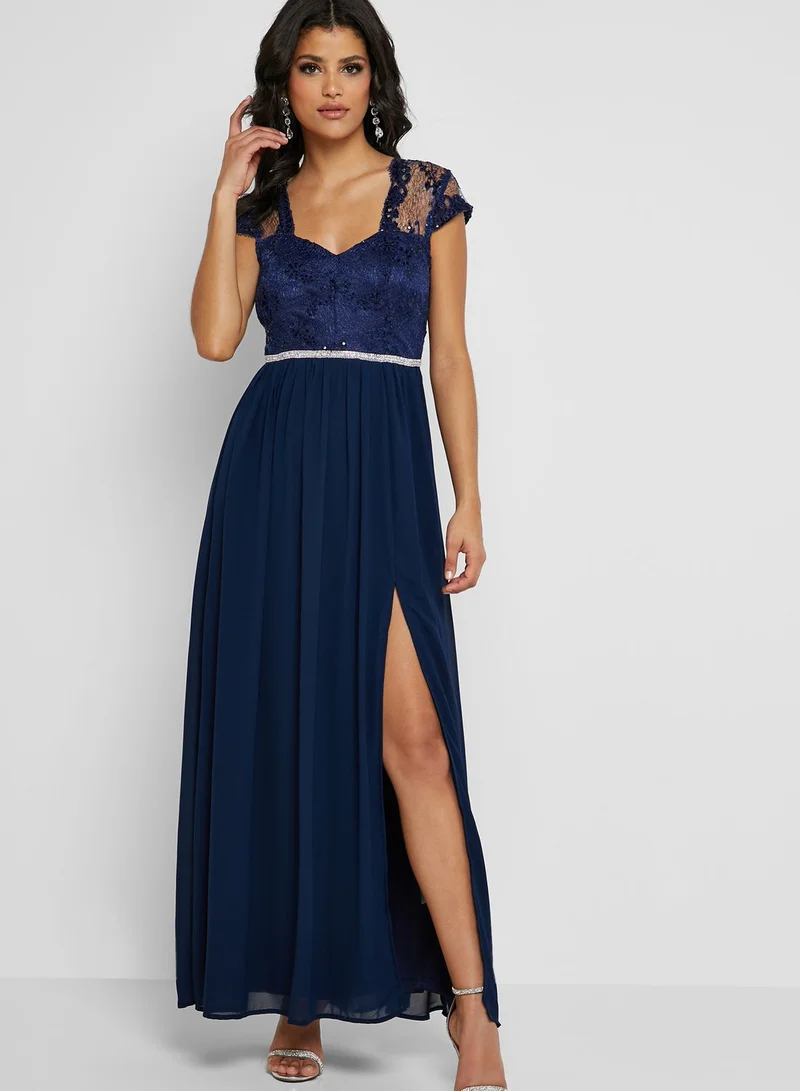 Soieblu Lace Mesh Sleeve Front Slit Dress