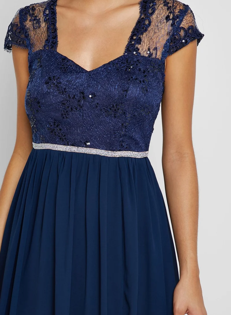 Soieblu Lace Mesh Sleeve Front Slit Dress