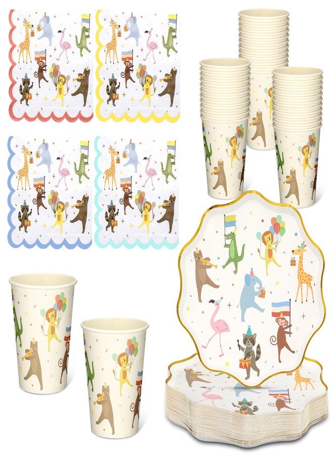 Potchen 150 Pcs Animal Parade Party Supplies Cute Disposable Animal Parade Tableware Set for Birthday Party Decorations Paper Plates and Napkins Cups, Serve 50 Guests - Image 1