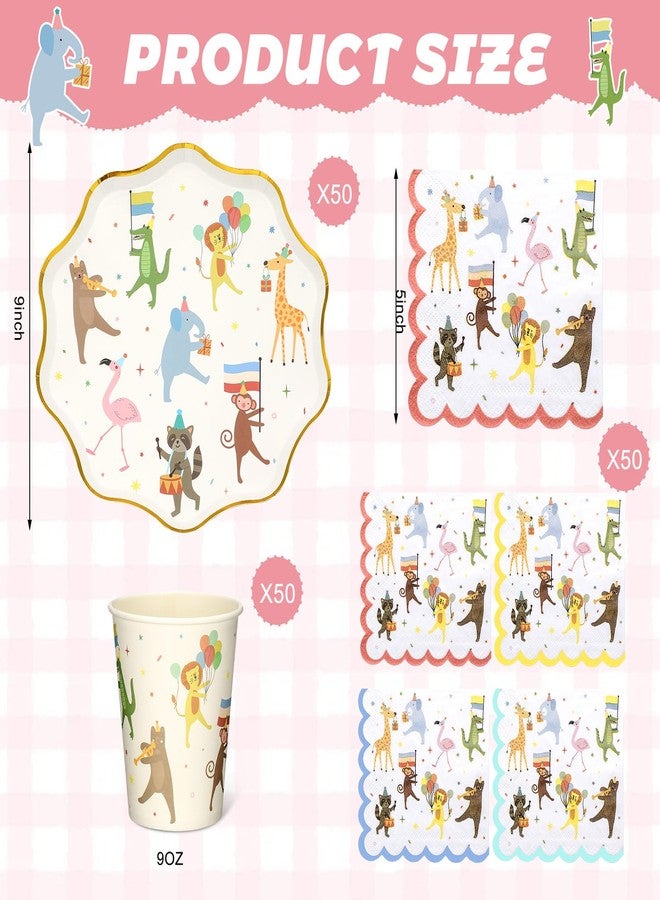 Potchen 150 Pcs Animal Parade Party Supplies Cute Disposable Animal Parade Tableware Set for Birthday Party Decorations Paper Plates and Napkins Cups, Serve 50 Guests - Image 2