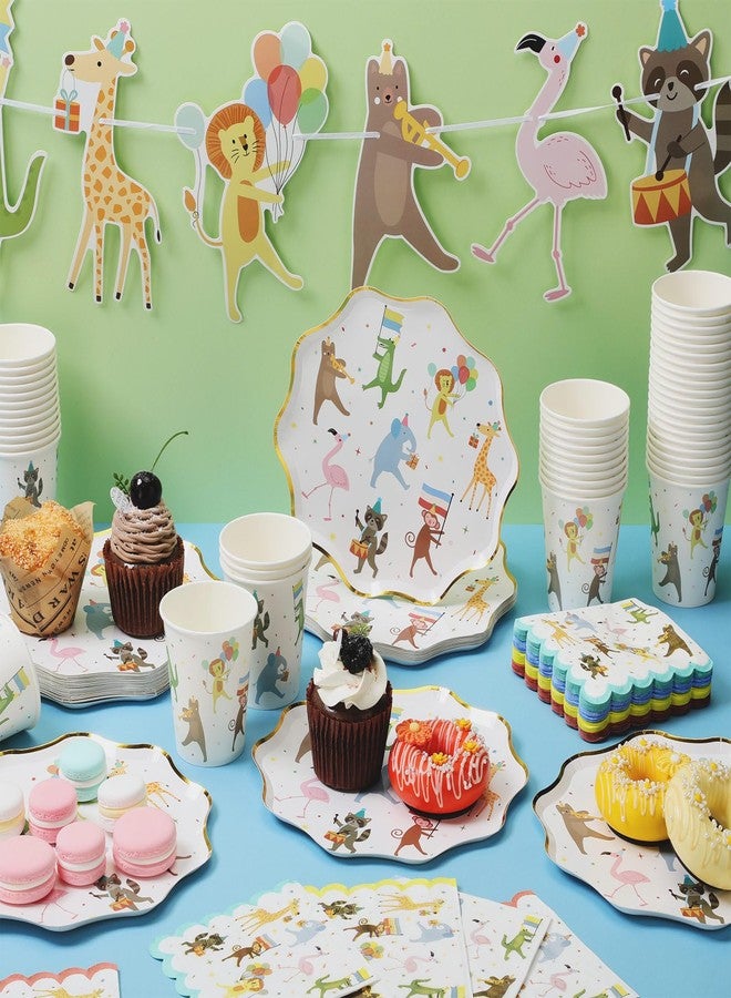 Potchen 150 Pcs Animal Parade Party Supplies Cute Disposable Animal Parade Tableware Set for Birthday Party Decorations Paper Plates and Napkins Cups, Serve 50 Guests - Image 3