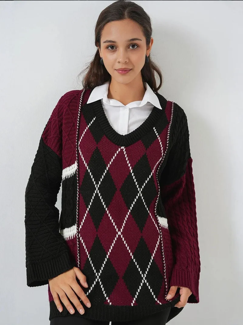 BIG DART BDART Loose Fit V-Neck Geometric Ribbed Sweater