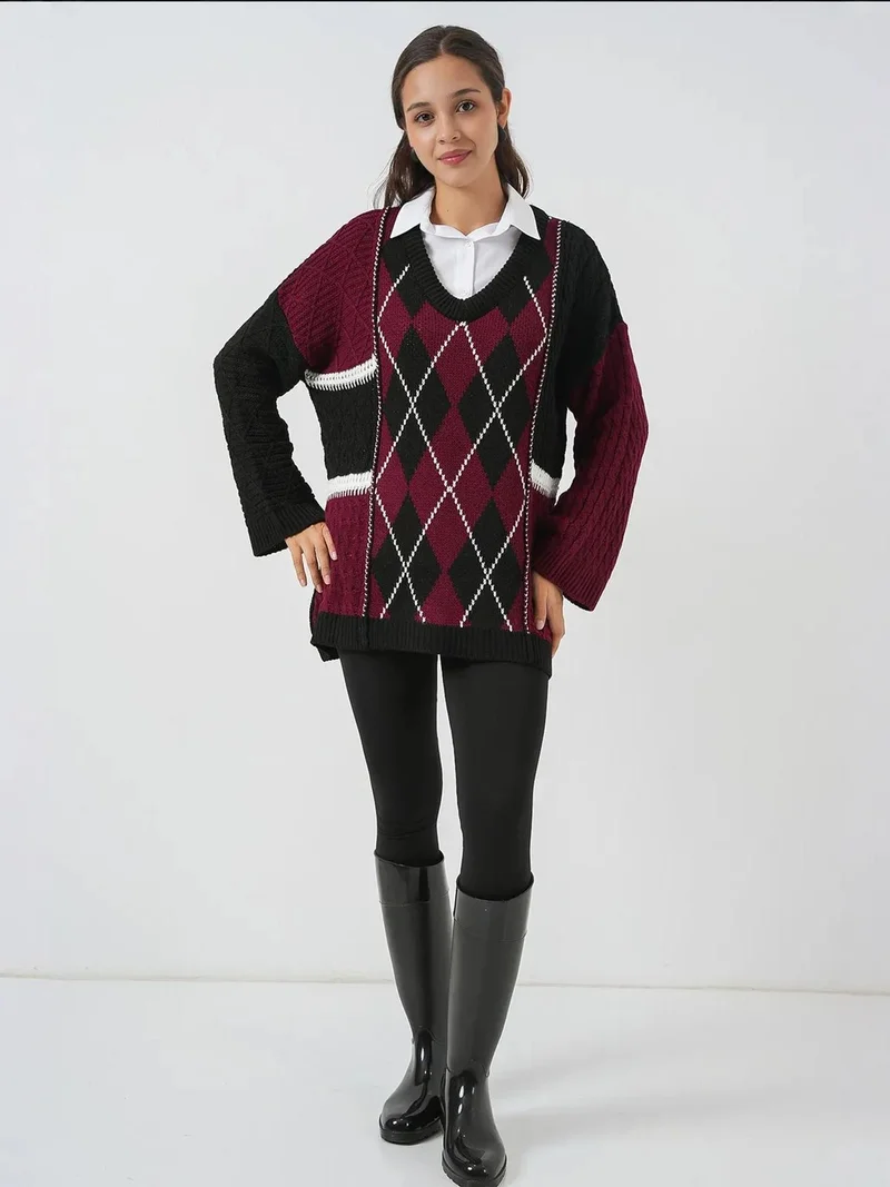 BIG DART BDART Loose Fit V-Neck Geometric Ribbed Sweater
