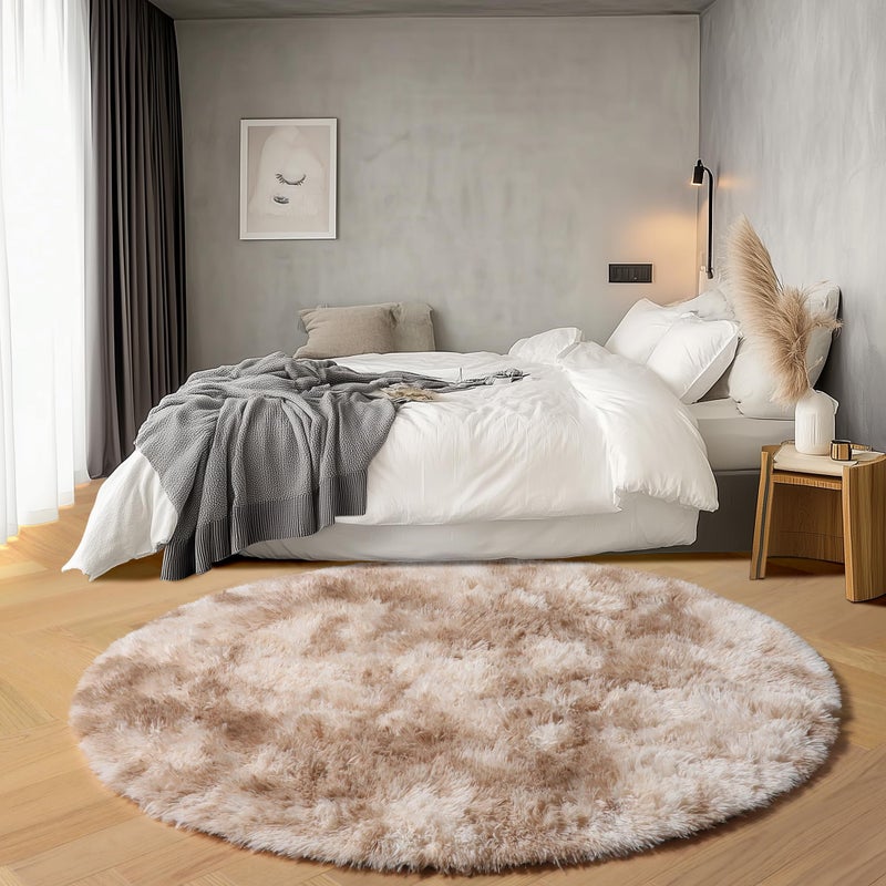 ONASAR TieDye Beige Round Area Rugs 5ft Soft Bedroom Circle Rug Floor Mats for Kids Girls Teen Room Kawaii Fluffy Plush Shaggy Carpet for Baby Nursery Living Room Playroom Home Decor