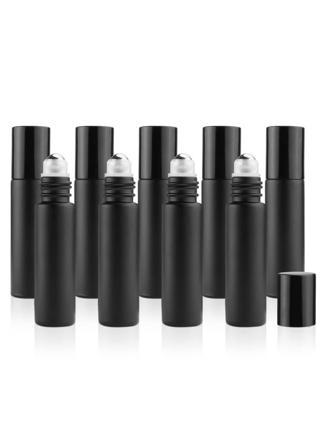 DMuuuDM 10Pcs 10ml Frosted Roller Bottle for Essential Oils,Empty Glass Roll-On Vials with Stainless Steel Roller Ball,Metal Lid Perfume Sample Oil Container-Opener&Dropper Included,Black - Image 1
