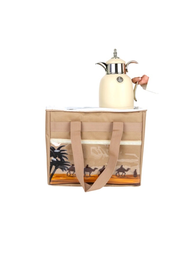 BASURRAH Tea and Coffee Flask Travel Bag – Beige Fabric Insulated Bag for Storing Flasks and Dallah Pots – Elegant Thermal Carrying Bag for Outdoor Trips and Travel - Image 2