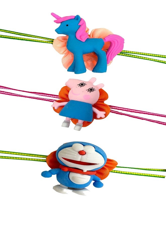 CLUZE Rakhi Combo Pack for Kids Set of 3 Cute Unicorn Shape, Pepa Pig Shape, Doremon Shape Rakhi for Boys/Girls/Bhateeja - Image 1