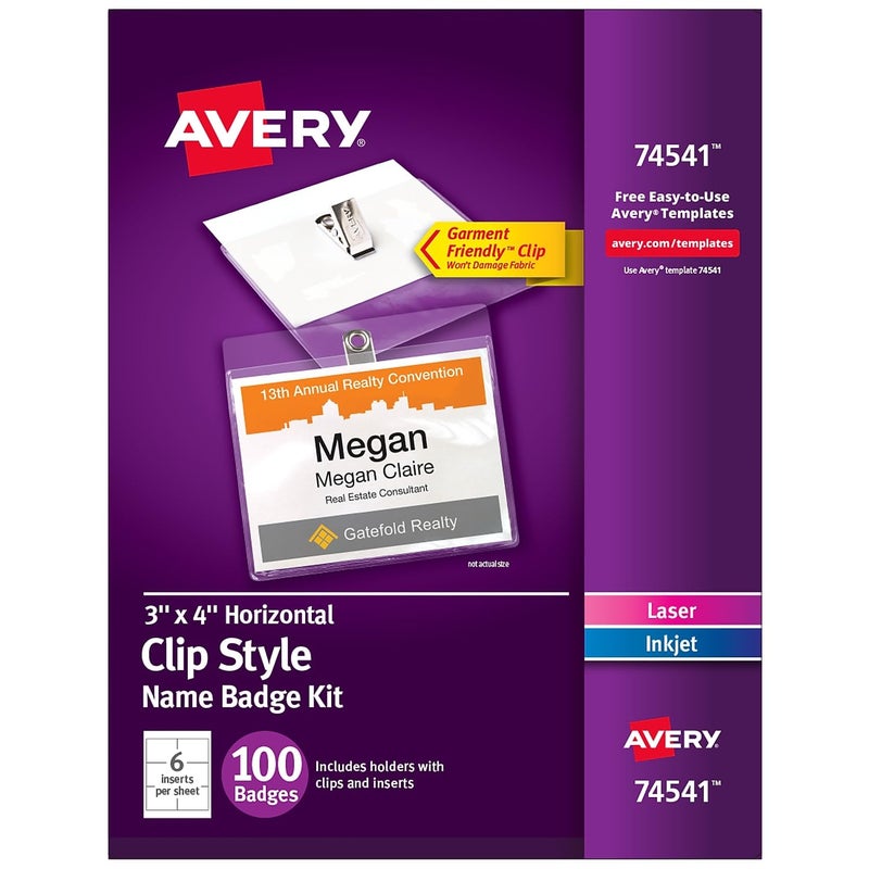 AVERY Clip-Style Name Badge Holder with Laser/Inkjet Insert, Top Load, 4 x 3, White, 100/Box - Image 1