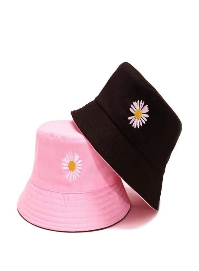 REFFER Women Bucket Hats Cute Little Daisy Flower Embroidery Cotton Reversible Double Sided Wear Packable Bucket Hat for Women Beach hat Summer hat (Pack of 1) (Pink Black 1 Piece Reversible Hat) - Image 1