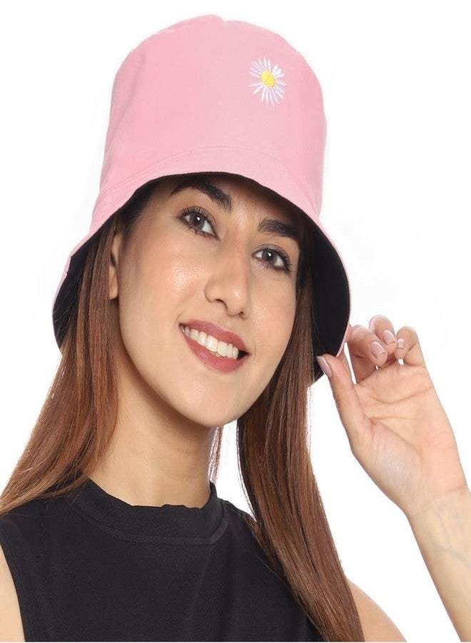 REFFER Women Bucket Hats Cute Little Daisy Flower Embroidery Cotton Reversible Double Sided Wear Packable Bucket Hat for Women Beach hat Summer hat (Pack of 1) (Pink Black 1 Piece Reversible Hat) - Image 2