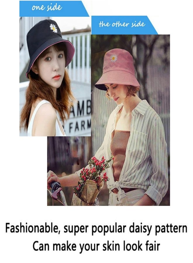 REFFER Women Bucket Hats Cute Little Daisy Flower Embroidery Cotton Reversible Double Sided Wear Packable Bucket Hat for Women Beach hat Summer hat (Pack of 1) (Pink Black 1 Piece Reversible Hat) - Image 3