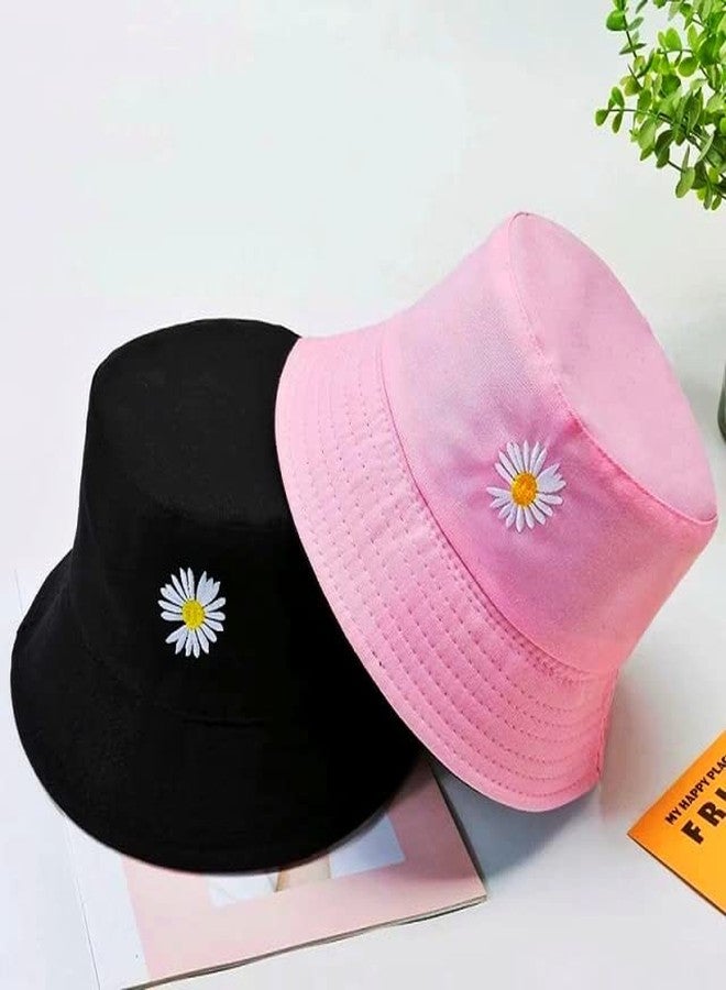 REFFER Women Bucket Hats Cute Little Daisy Flower Embroidery Cotton Reversible Double Sided Wear Packable Bucket Hat for Women Beach hat Summer hat (Pack of 1) (Pink Black 1 Piece Reversible Hat) - Image 4