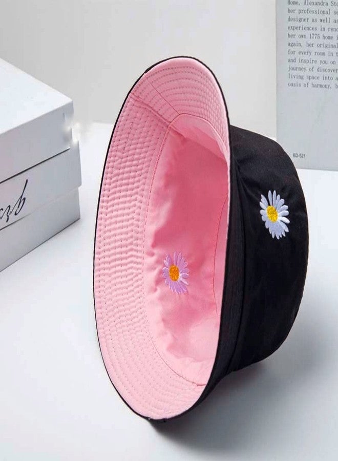 REFFER Women Bucket Hats Cute Little Daisy Flower Embroidery Cotton Reversible Double Sided Wear Packable Bucket Hat for Women Beach hat Summer hat (Pack of 1) (Pink Black 1 Piece Reversible Hat) - Image 5