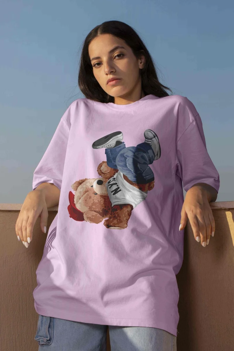 DogFish Teddy Printed Women's Oversize Pink T-Shirt