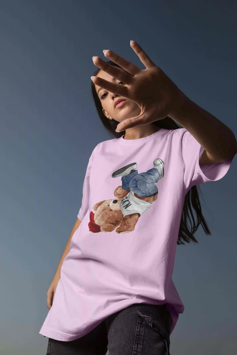 DogFish Teddy Printed Women's Oversize Pink T-Shirt