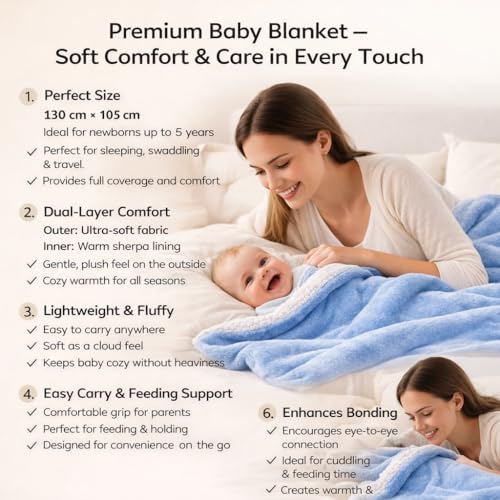 BRANDONN Baby Blanket 130x105 cm – Ultra Soft Dual Layer Sherpa & Flannel, Lightweight Warm Newborn Blanket for Crib, Stroller, Travel & Feeding, Skin-Friendly, 1 Month Till 5 Years (Sky Blue) - Image 2