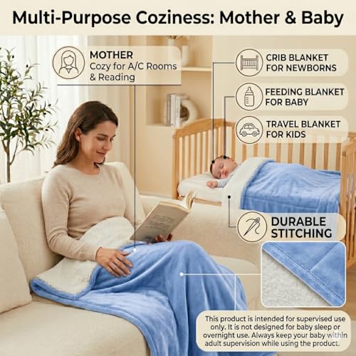 BRANDONN Baby Blanket 130x105 cm – Ultra Soft Dual Layer Sherpa & Flannel, Lightweight Warm Newborn Blanket for Crib, Stroller, Travel & Feeding, Skin-Friendly, 1 Month Till 5 Years (Sky Blue) - Image 3