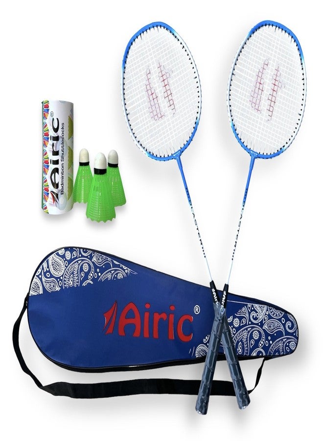 Airic Isometric Blaster Staunch Rackets (Set of 2) with 3 Plastic Shuttles and Cover Badminton Kit (Blue) - Image 1