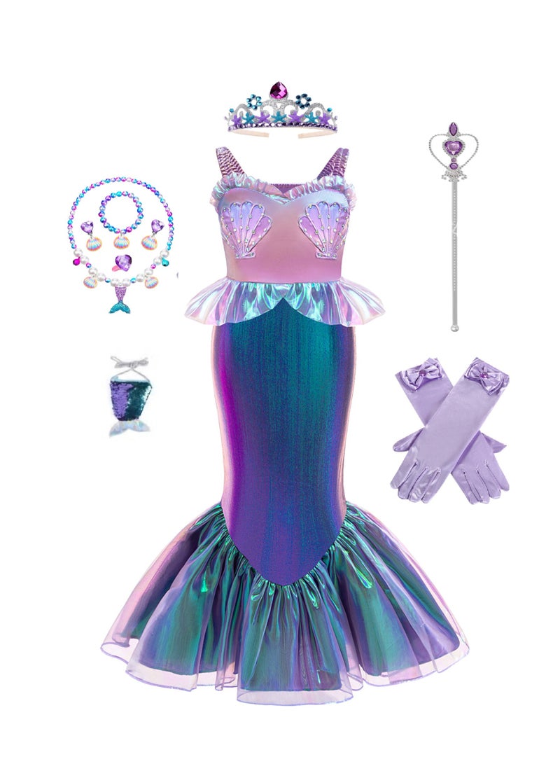 موموسو مجموعة كostume فستان أميرة حورية البحر (أريل) للفتيات - كاملة مع التاج والمجوهرات والحقيبة | مثالية لتنكرية، حفلة عيد الميلاد، هدية يوم الطفل - Image 1