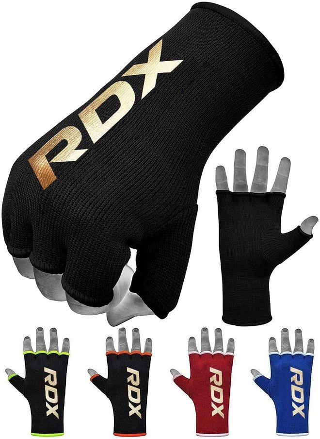 Rdx - أربطة يد للملاكمة قفازات داخلية للرجال والنساء، ضمادات مطاطية لنصف الإصبع، حماية قبضة اليد تحت القفازات، موي تاي، كيك بوكسينج، فنون قتالية مختلطة، تدريب على كيس لكمة السرعة (أسود، متوسط) - Image 1