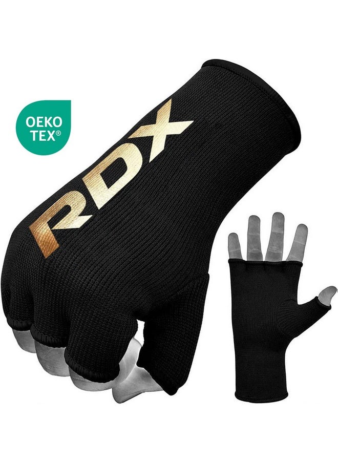 Rdx - أربطة يد للملاكمة قفازات داخلية للرجال والنساء، ضمادات مطاطية لنصف الإصبع، حماية قبضة اليد تحت القفازات، موي تاي، كيك بوكسينج، فنون قتالية مختلطة، تدريب على كيس لكمة السرعة (أسود، متوسط) - Image 1