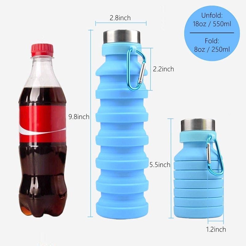 we3 Collapsible Water Bottle, 550ml Reusable Silicone Light Water Bottles for Travel Outdoor Portable Leakproof Drinking Bottles with Carabiner (Blue, Pack of 1) - Image 2