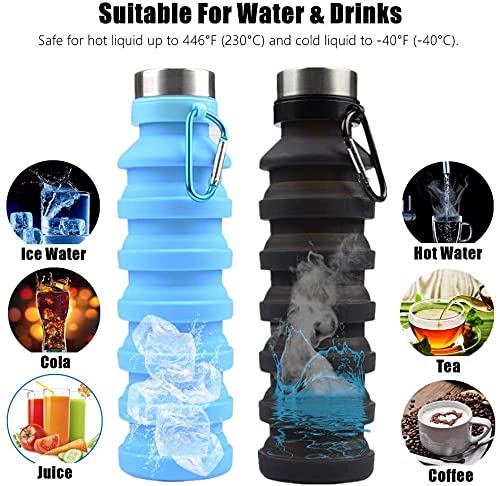 we3 Collapsible Water Bottle, 550ml Reusable Silicone Light Water Bottles for Travel Outdoor Portable Leakproof Drinking Bottles with Carabiner (Blue, Pack of 1) - Image 4