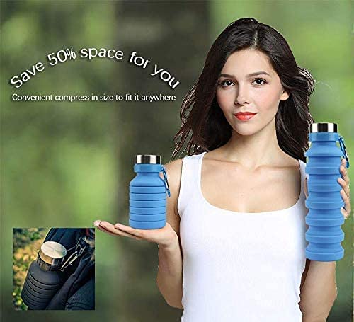 we3 Collapsible Water Bottle, 550ml Reusable Silicone Light Water Bottles for Travel Outdoor Portable Leakproof Drinking Bottles with Carabiner (Blue, Pack of 1) - Image 3