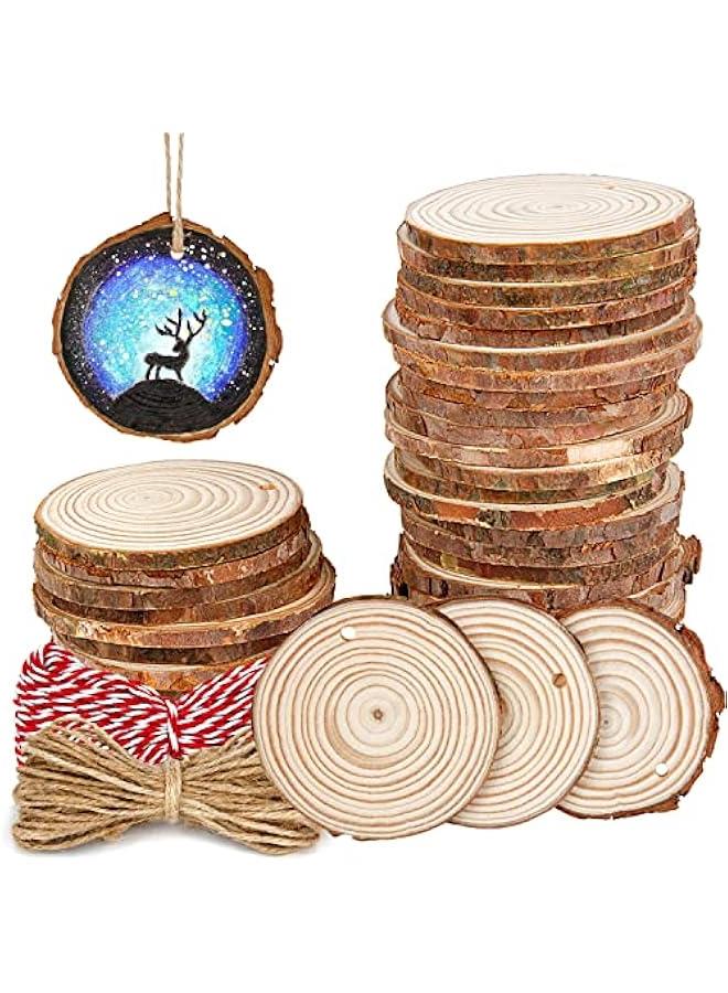 Arabest 30 Pieces 2.4-2.8 Natural Wooden Slices,  Unfinished Wood Circles with Holes Tree Bark Round Log Discs DIY Crafts Hanging Ornaments (2.4-2.8 30Pcs, Natural) - Image 1