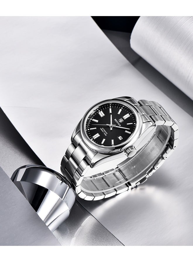 BENYAR Men's automatic watches, waterproof watches, all-steel luxury watches, casual business watches, men's Seagull ST6 mechanical synthetic glass watches BY-5185 silver black  - Image 2