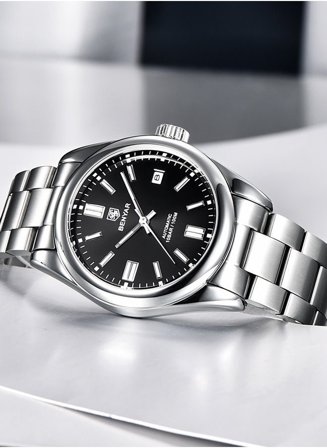 BENYAR Men's automatic watches, waterproof watches, all-steel luxury watches, casual business watches, men's Seagull ST6 mechanical synthetic glass watches BY-5185 silver black  - Image 3