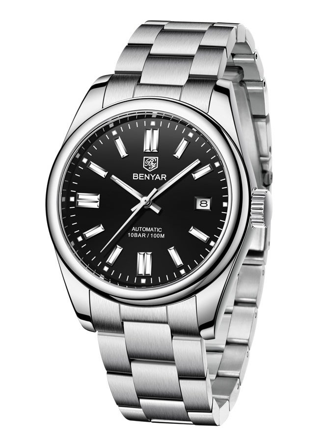 BENYAR Men's automatic watches, waterproof watches, all-steel luxury watches, casual business watches, men's Seagull ST6 mechanical synthetic glass watches BY-5185 silver black  - Image 1