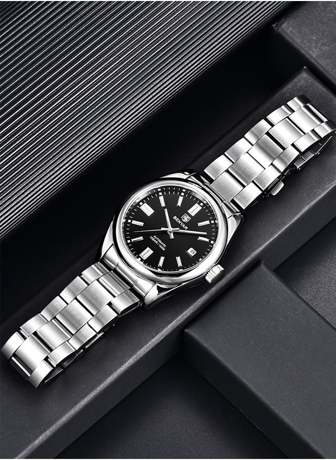 BENYAR Men's automatic watches, waterproof watches, all-steel luxury watches, casual business watches, men's Seagull ST6 mechanical synthetic glass watches BY-5185 silver black  - Image 4